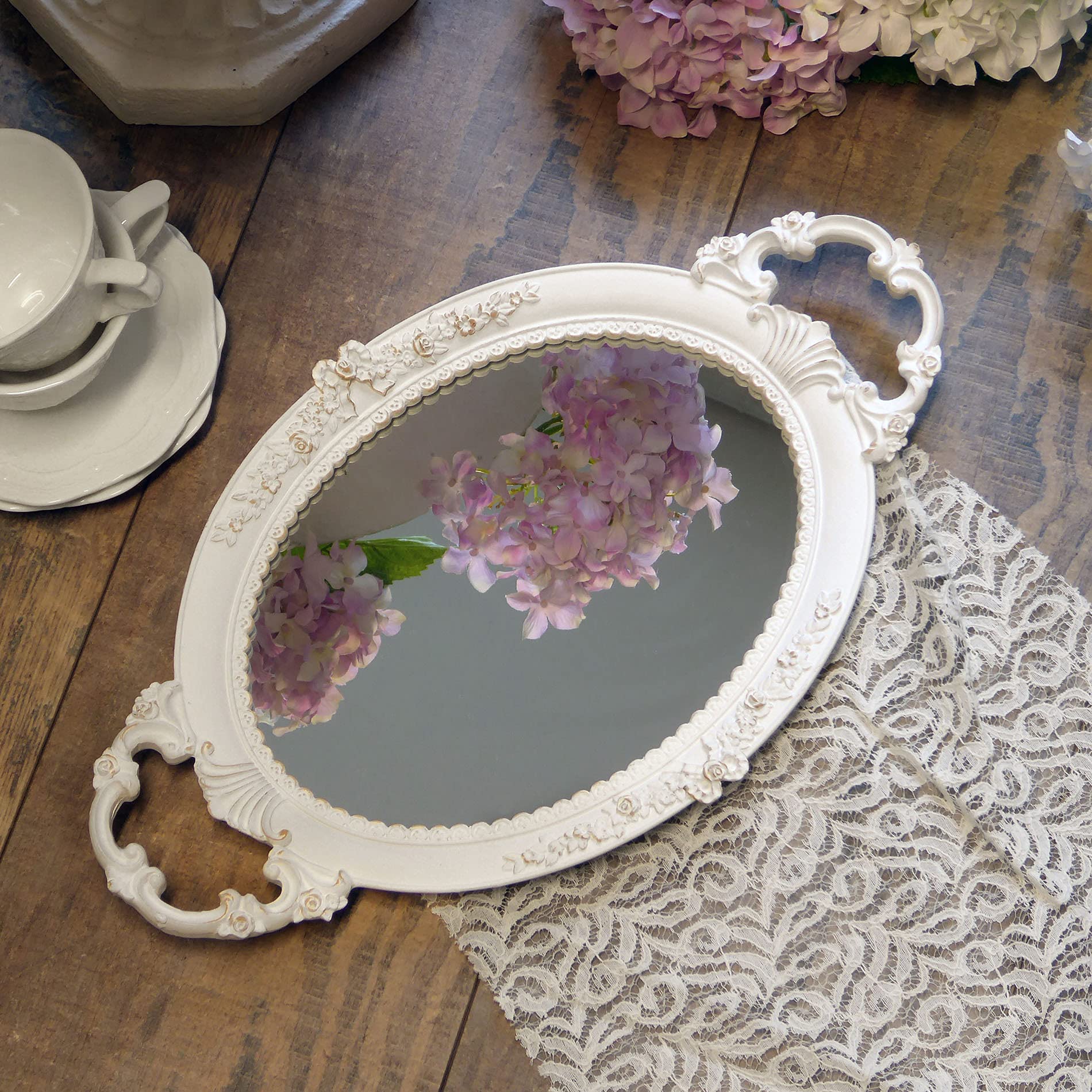 Vassoio Decorativo Ovale con Specchio Shabby Chic Decoro Fiocco Colore Bianco Anticato 24x41 - Coccole di Casa