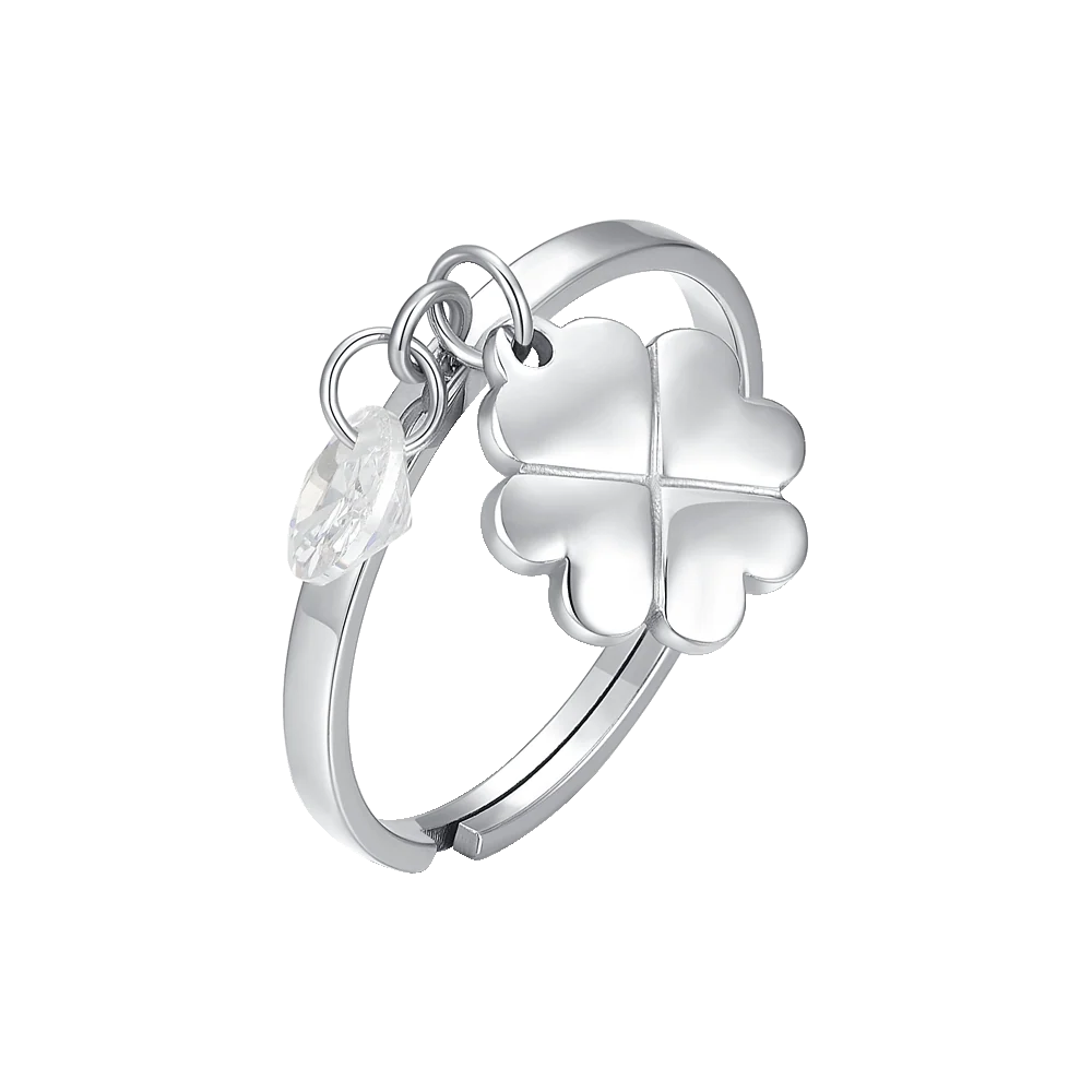 Anello donna in acciaio con quadrifoglio e zircone bianco Misura regolabile - Luca Barra