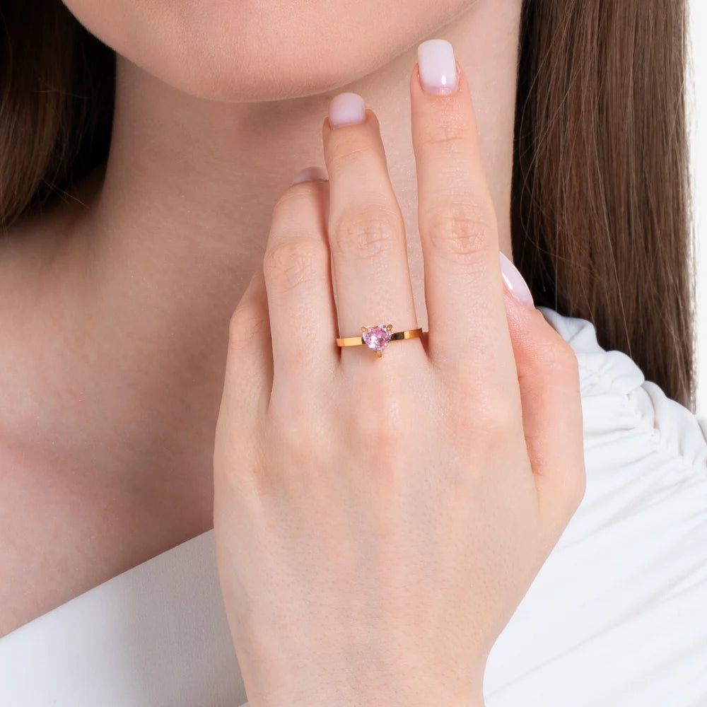Anello donna in acciaio IP Gold con cuore cristallo rosa Misura regolabile - Luca Barra
