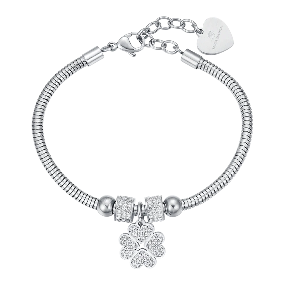Bracciale donna in acciaio con quadrifoglio e cristalli bianchi - Luca Barra