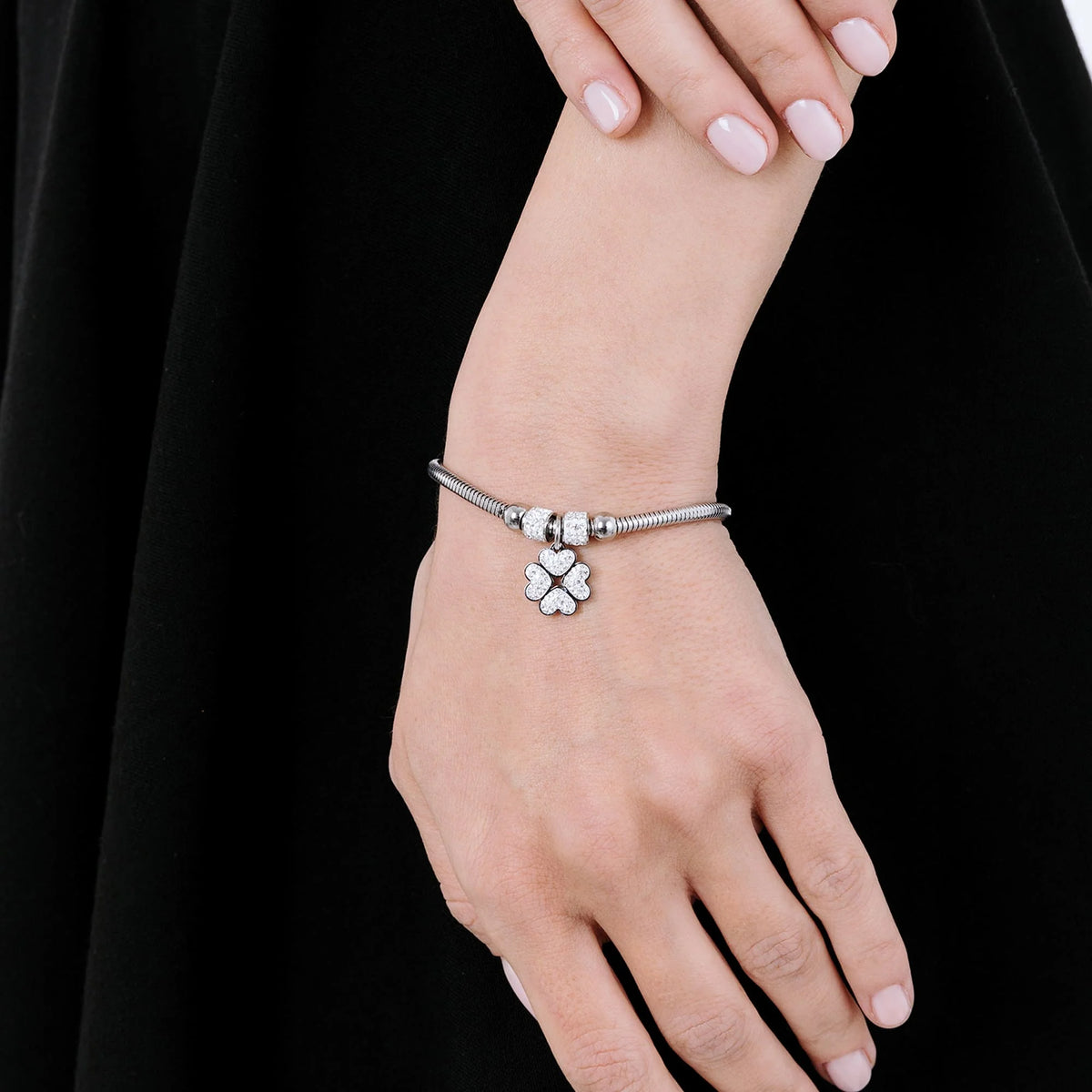 Bracciale donna in acciaio con quadrifoglio e cristalli bianchi - Luca Barra