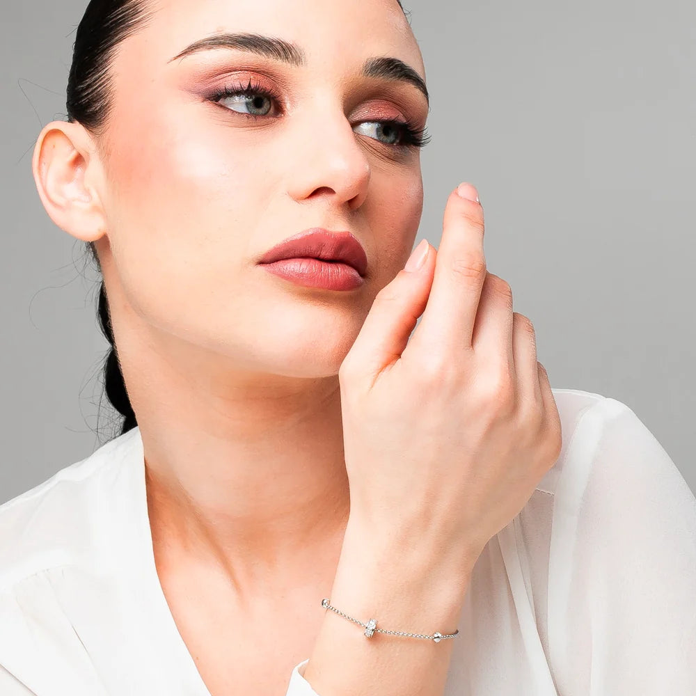 Bracciale donna in acciaio bussolotto ed elementi con zirconi bianchi - Luca Barra