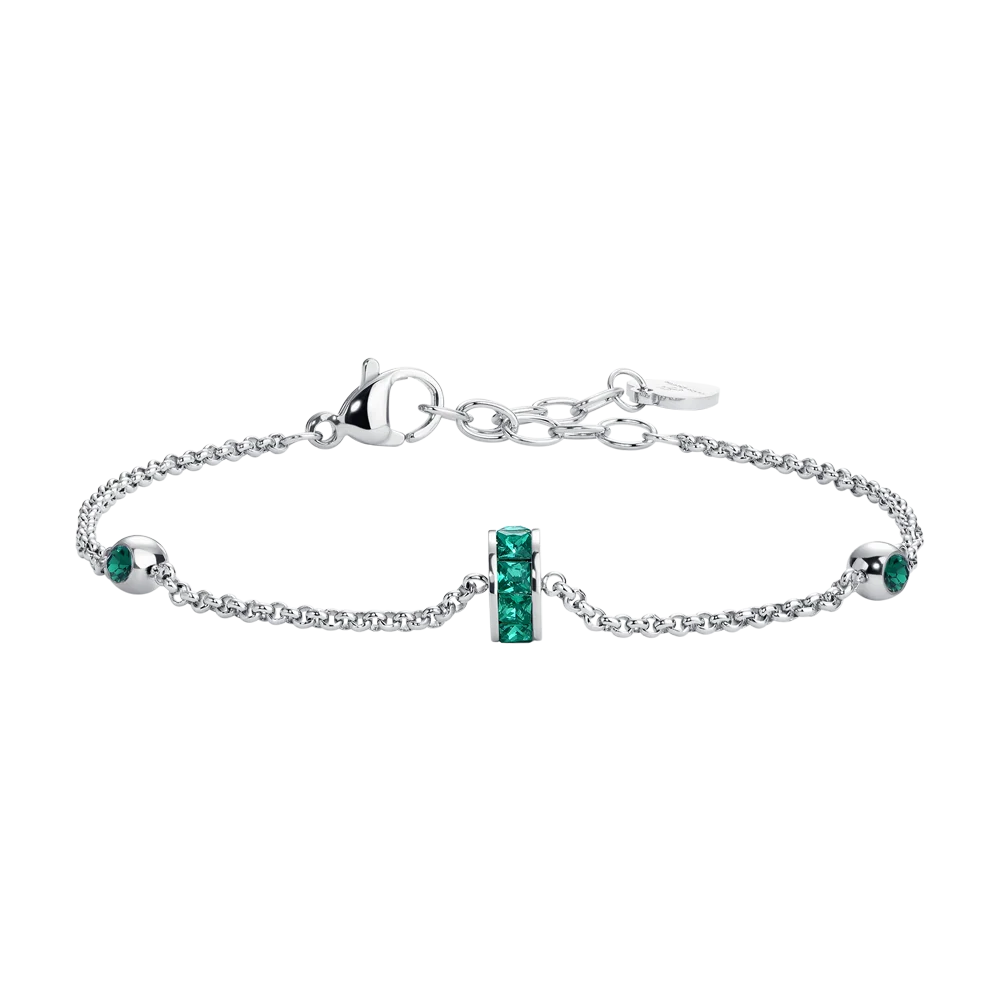 Bracciale donna in acciaio bussolotto ed elementi con zirconi verdi - Luca Barra