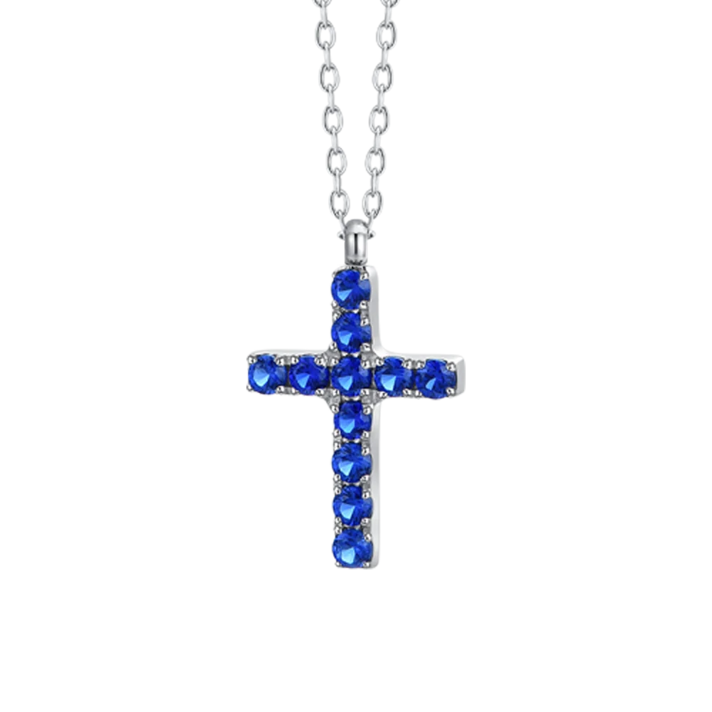 Collana donna in acciaio con croce e zirconi blu - Luca Barra