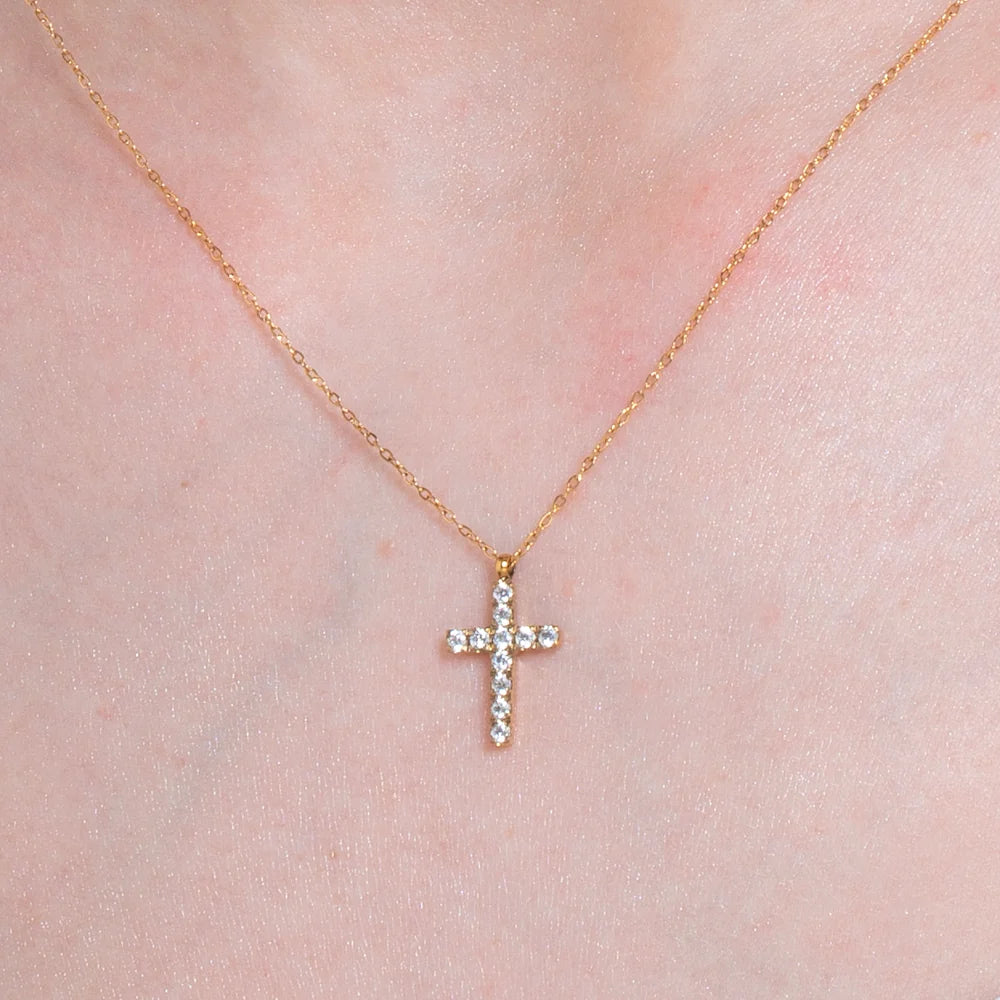 Collana donna in acciaio e IP Gold con croce e zirconi bianchi - Luca Barra