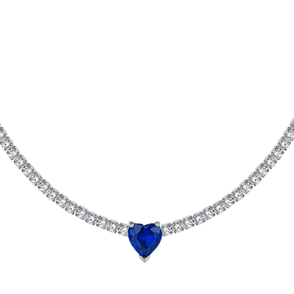 Collana tennis donna in acciaio con cristalli bianchi e cuore cristallo blu - Luca Barra