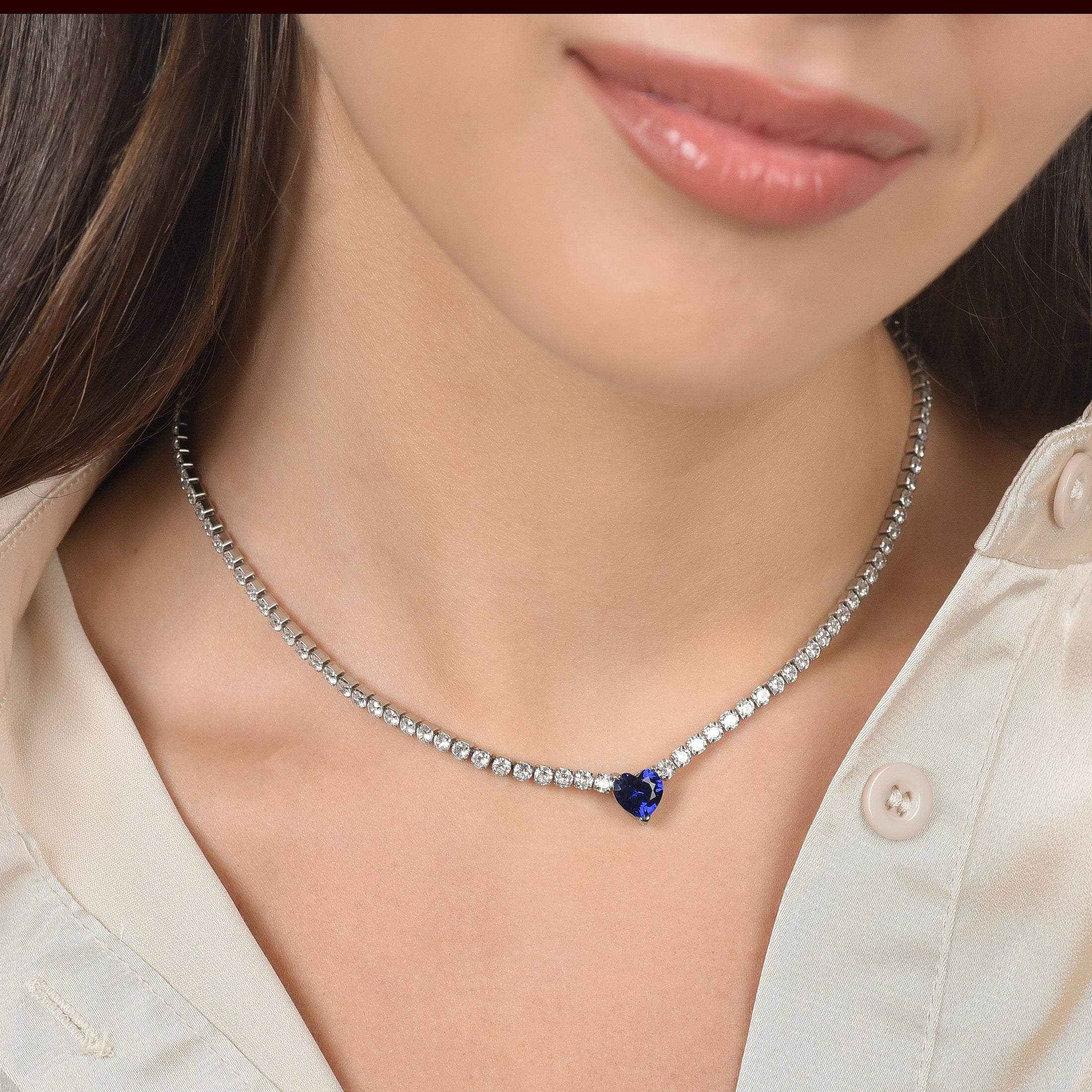 Collana tennis donna in acciaio con cristalli bianchi e cuore cristallo blu - Luca Barra