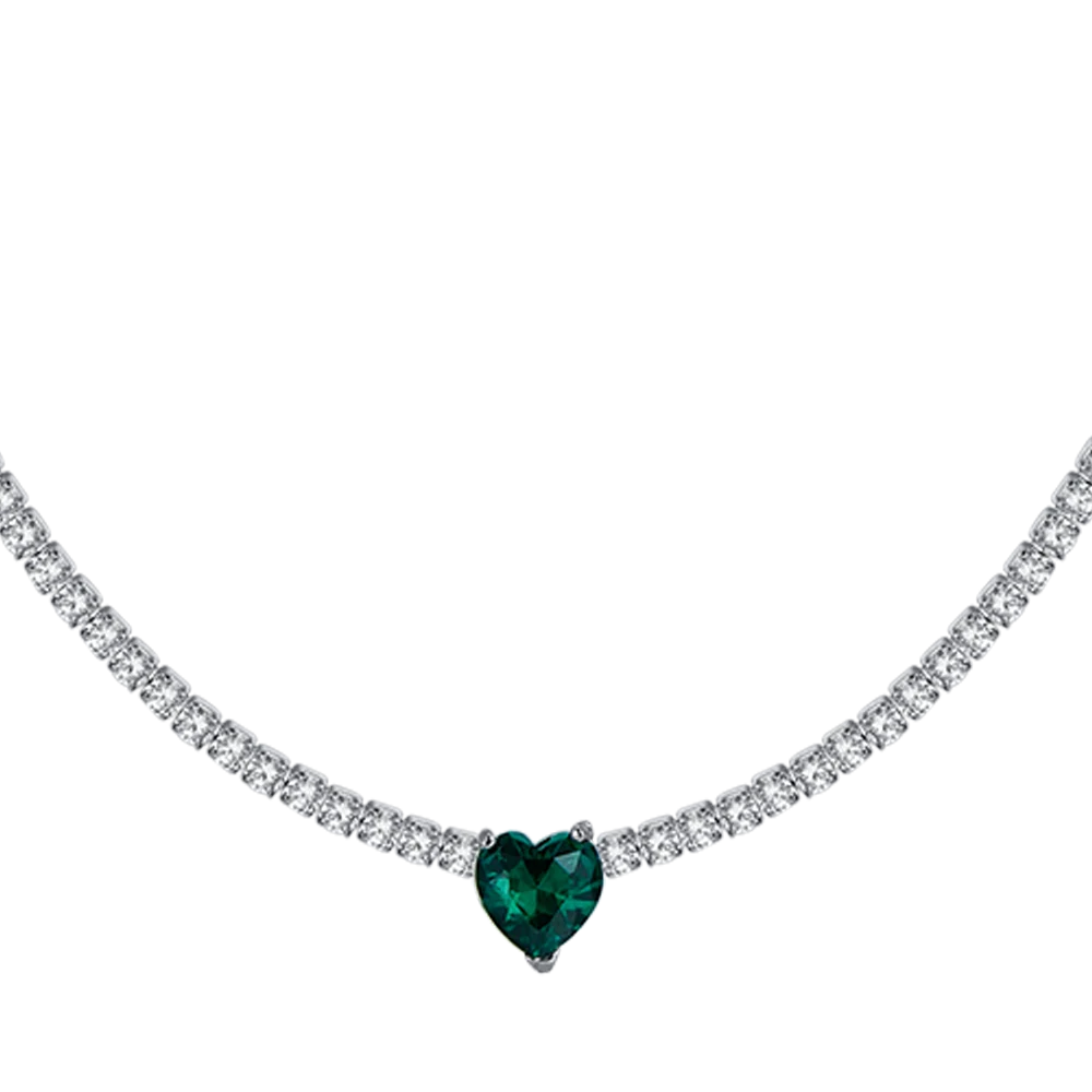 Collana tennis donna in acciaio con cristalli bianchi e cuore cristallo verde - Luca Barra