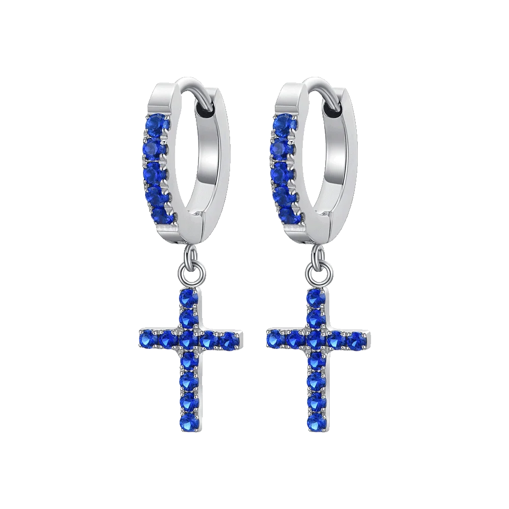 Orecchini donna in acciaio cerchio con croce e zirconi blu - Luca Barra