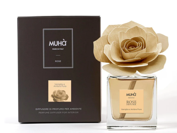 Profumatore per ambienti Rosa Diffuser, Fragranza Vaniglia e Ambra Pura, Diffusore Ambiente con Fiore in Legno di Betulla in vari formati Muha
