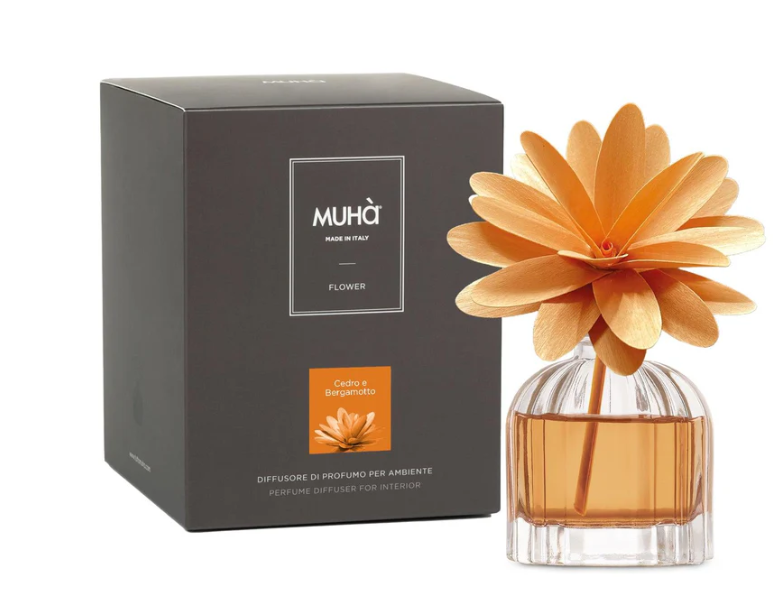 Profumatore per ambienti Flower Diffuser, Fragranza Cedro e Bergamotto, Diffusore Ambiente con Fiore in Legno di Betulla, Formati vari Muha