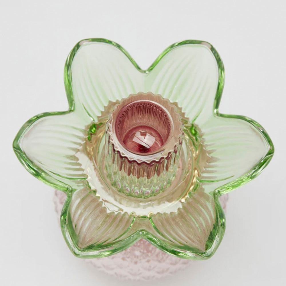 Portacandela Flower in Vetro H 16 Cm D 12 Cm Verde Rosa - EDG