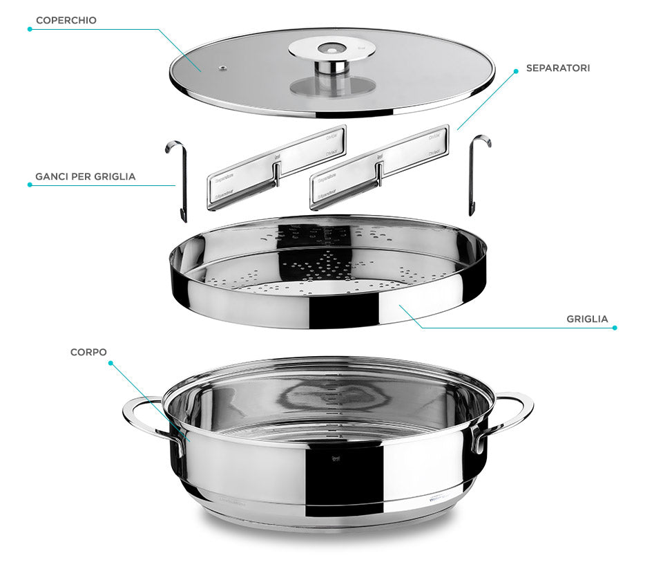 Vaporiera ovale in acciaio inossidabile con il coperchio trasparente ,griglia ,separatori e maniglie cm 40x28x16