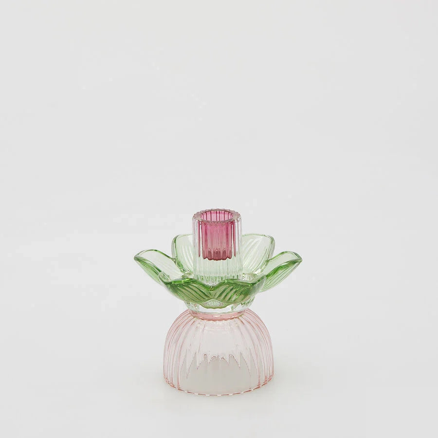 Portacandela Flower in Vetro H 12,5 Cm D 12 Cm Verde Rosa - EDG