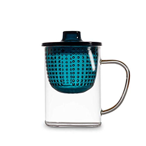 WD Lifestyle TAZZA MUG TISANIERA IN VETRO CON FILTRO+COPERCHIO BLU 400ML ACCESSORI CUCINA