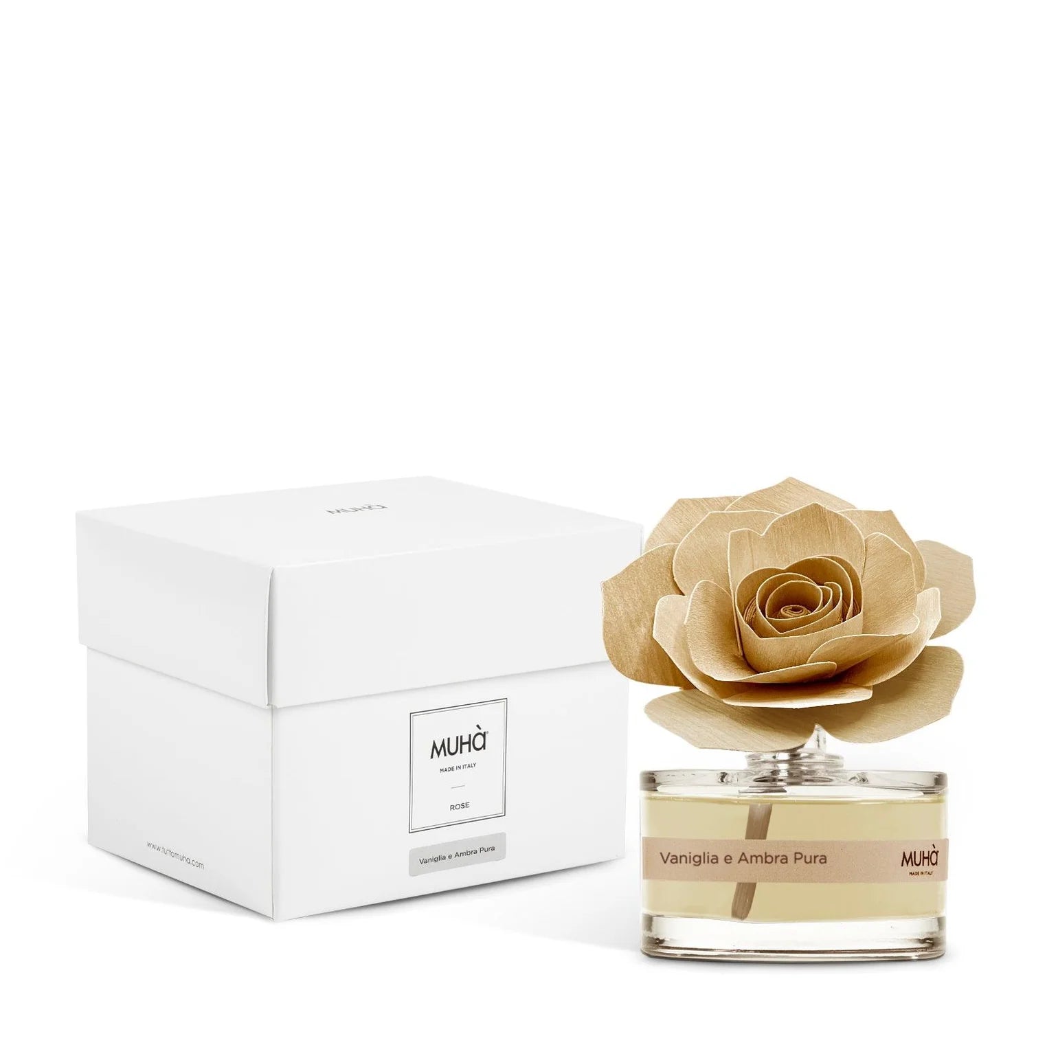 Profumatore per ambienti Rosa Diffuser, Fragranza Vaniglia e Ambra Pura, Diffusore Ambiente con Fiore in Legno di Betulla in vari formati Muha