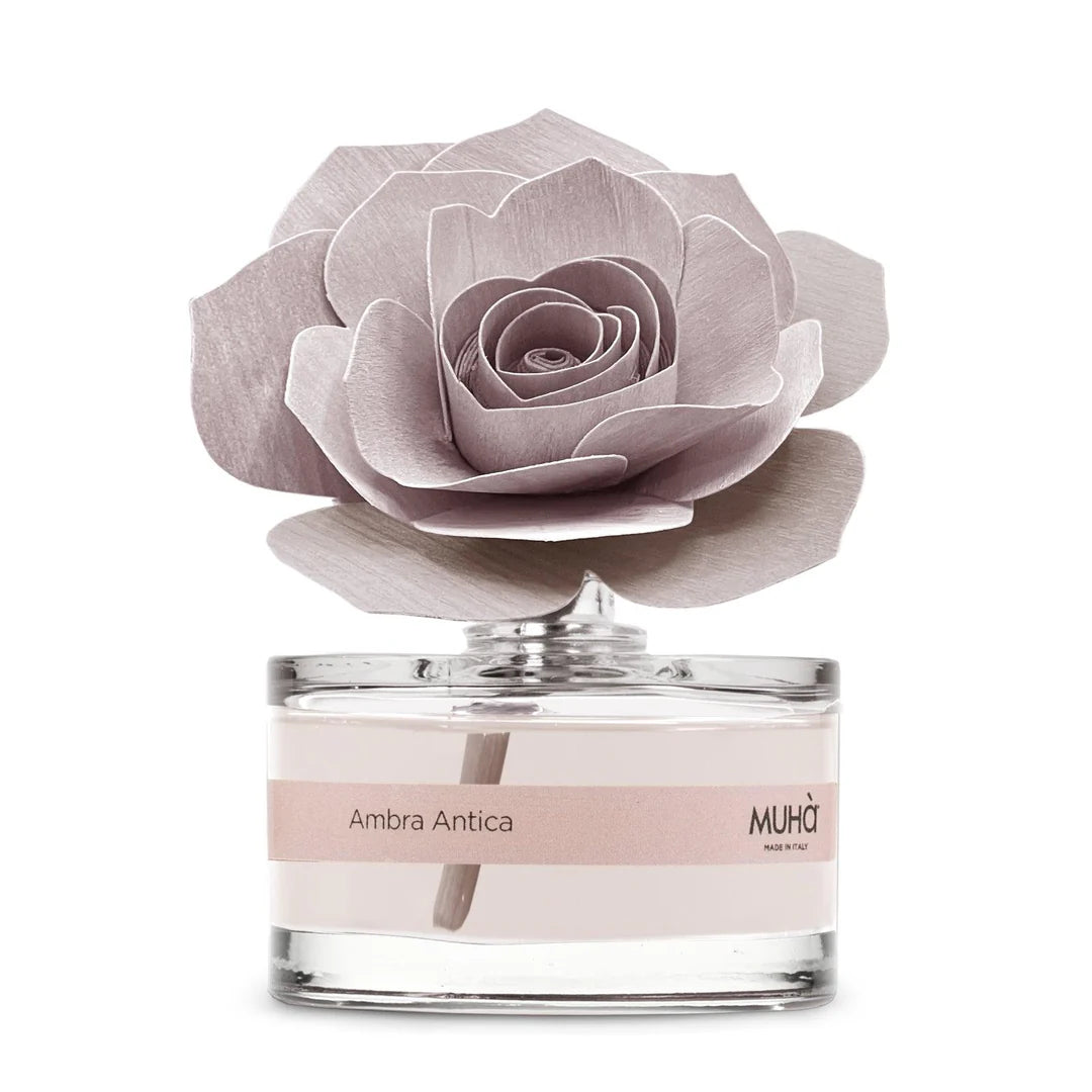 Profumatore per ambienti Rosa Diffuser, Fragranza Ambra Antica, Diffusore Ambiente con Fiore in Legno di Betulla in vari formati Muha