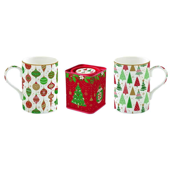 Easy Life Set 2 tazze mug per colazione con scatola porta thè di natale in porcellana vintage "Jingle Bells