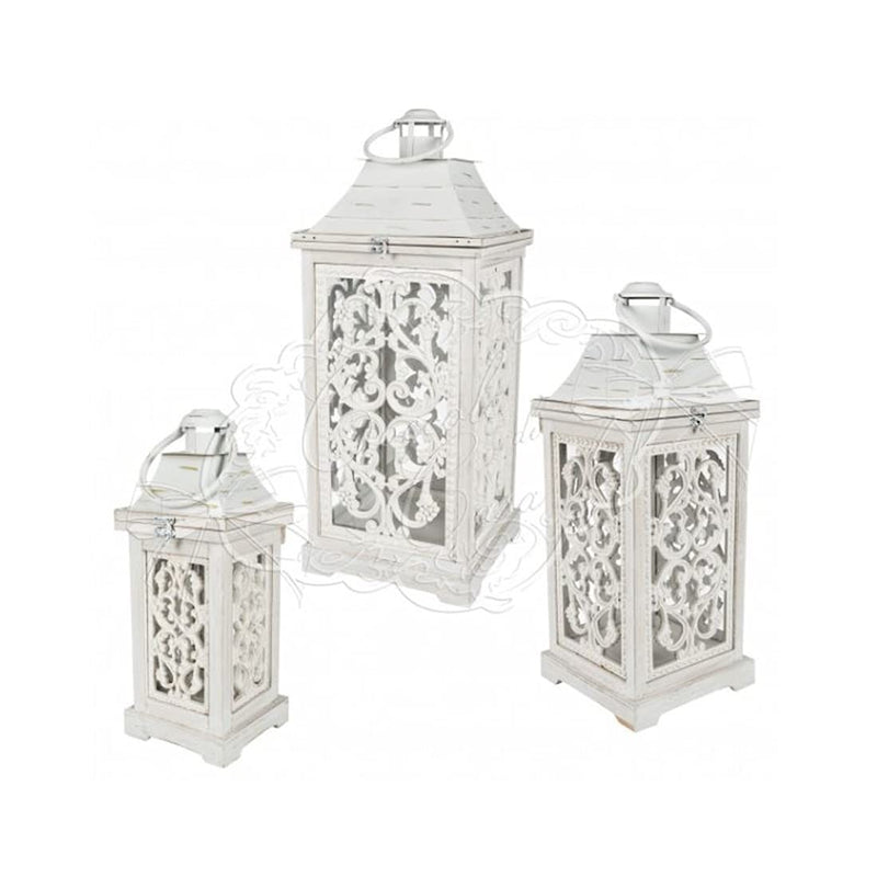 COCCOLE DI CASA Set 3 Lanterne Alma decori ad Intaglio Legno e Metallo Bianco