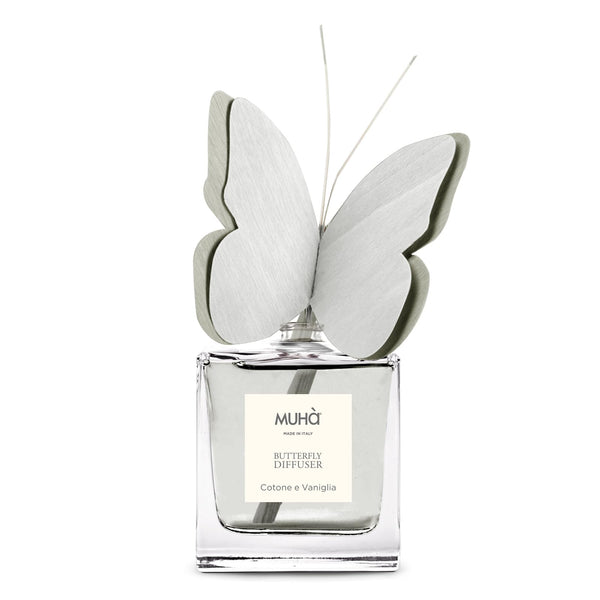 MUHA' | Profumatore per ambienti Butterfly Diffuser, Fragranza Cotone e Vaniglia, Diffusore Ambiente con Farfalla in legno di Betulla, Formato da 50 ml