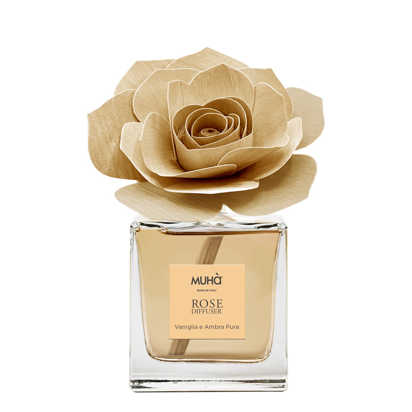 Profumatore per ambienti Rosa Diffuser, Fragranza Vaniglia e Ambra Pura, Diffusore Ambiente con Rosa in Legno di Betulla, Formato da 100 ml Muha