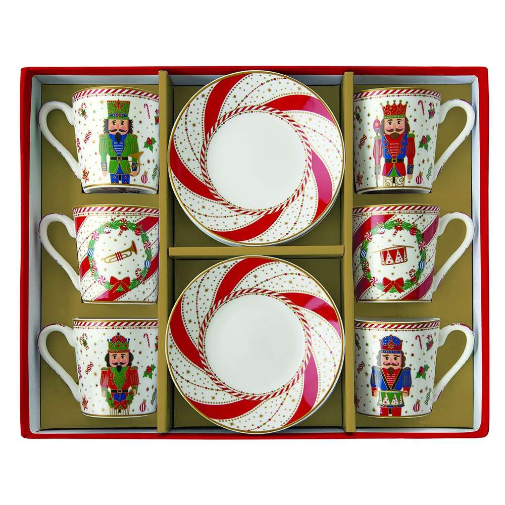Nutcracker Twist Set 6 Tazzine Caffe Espresso con Piattino 100ml Porcellana Tavola di Natale Easy Life