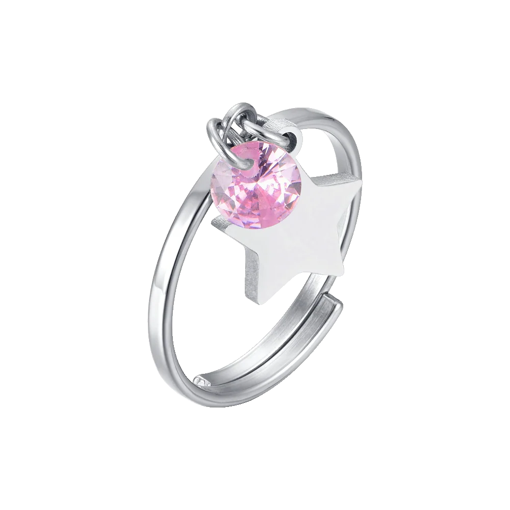 Anello donna in acciaio con stella e zircone rosa Misura regolabile. - Luca Barra