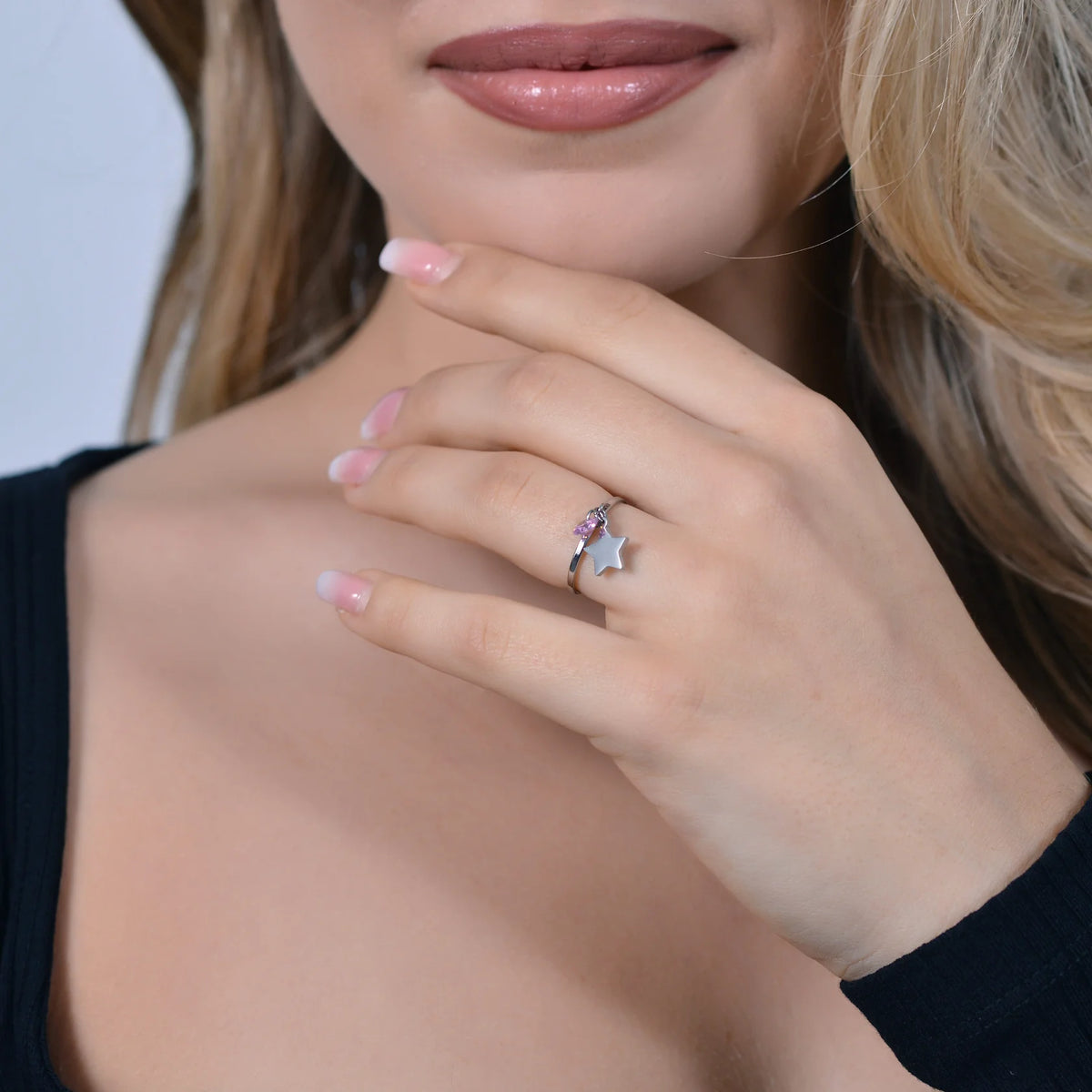Anello donna in acciaio con stella e zircone rosa Misura regolabile. - Luca Barra