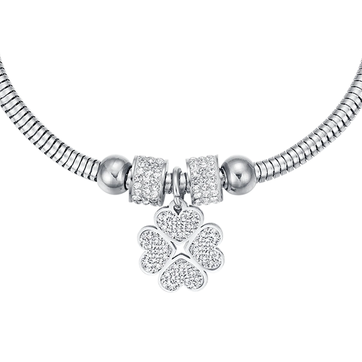 Bracciale donna in acciaio con quadrifoglio e cristalli bianchi - Luca Barra