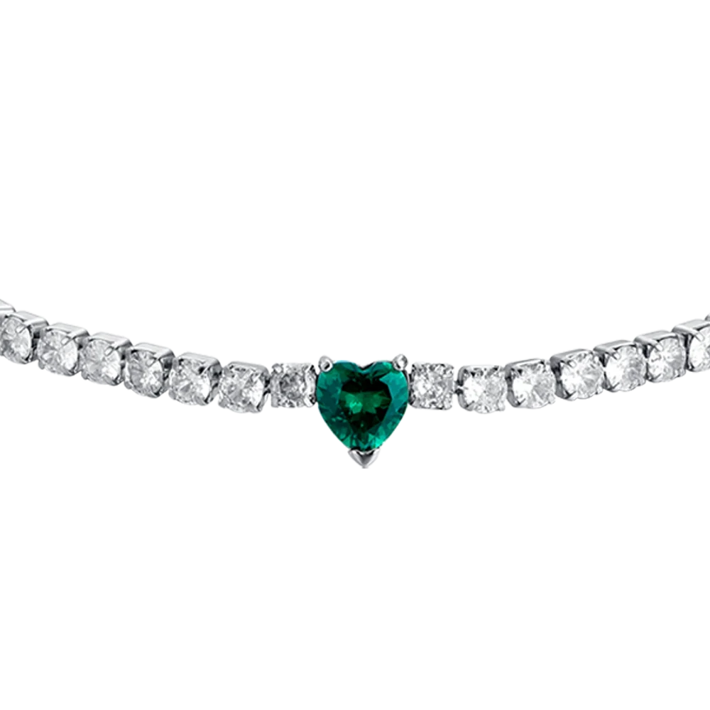 Bracciale tennis donna in acciaio con cristalli bianchi e cuore cristallo verde - Luca Barra