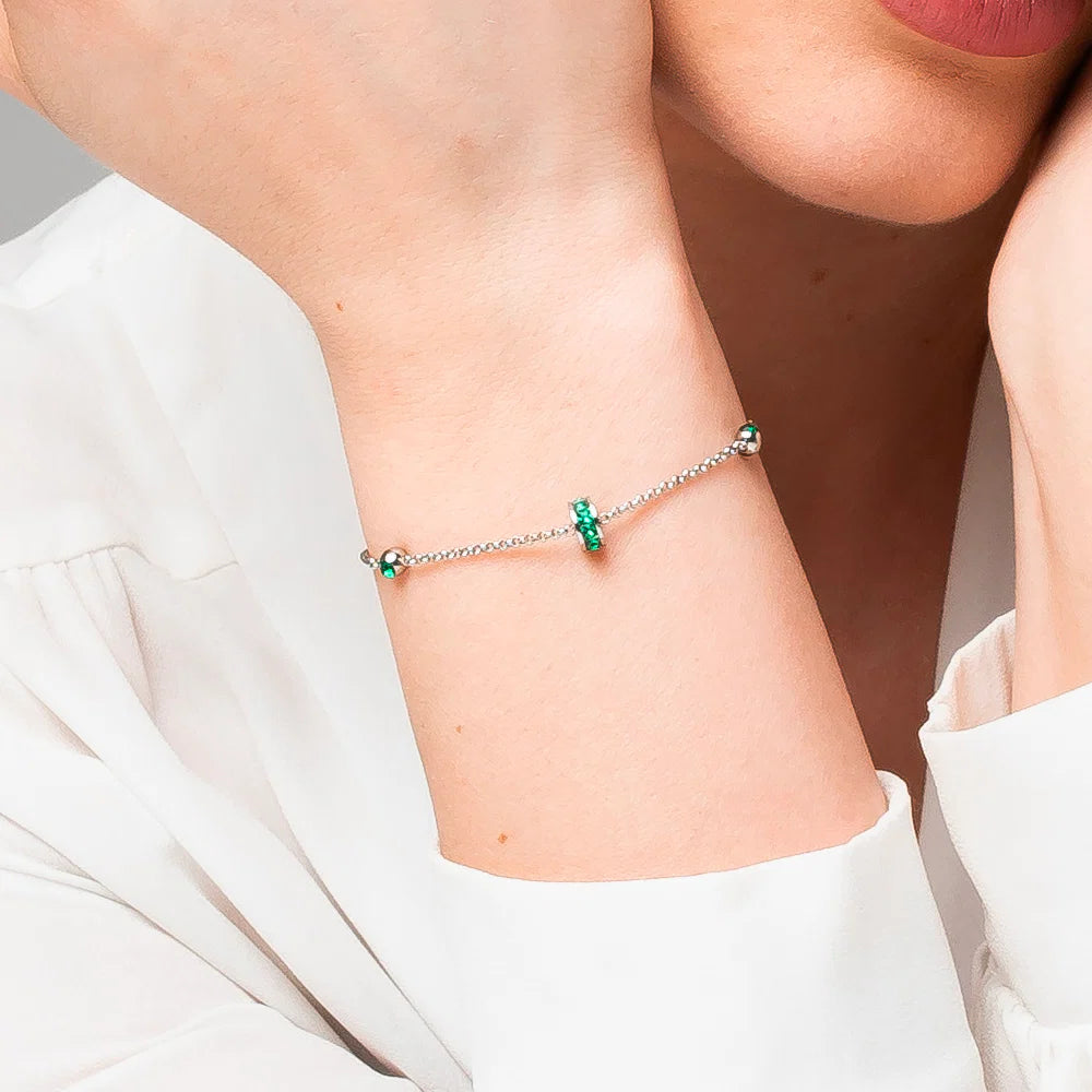 Bracciale donna in acciaio bussolotto ed elementi con zirconi verdi - Luca Barra