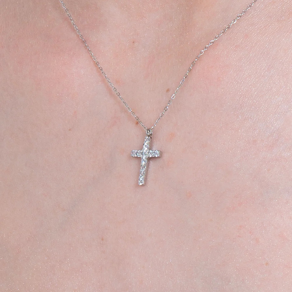 Collana donna in acciaio con croce e zirconi bianchi - Luca Barra