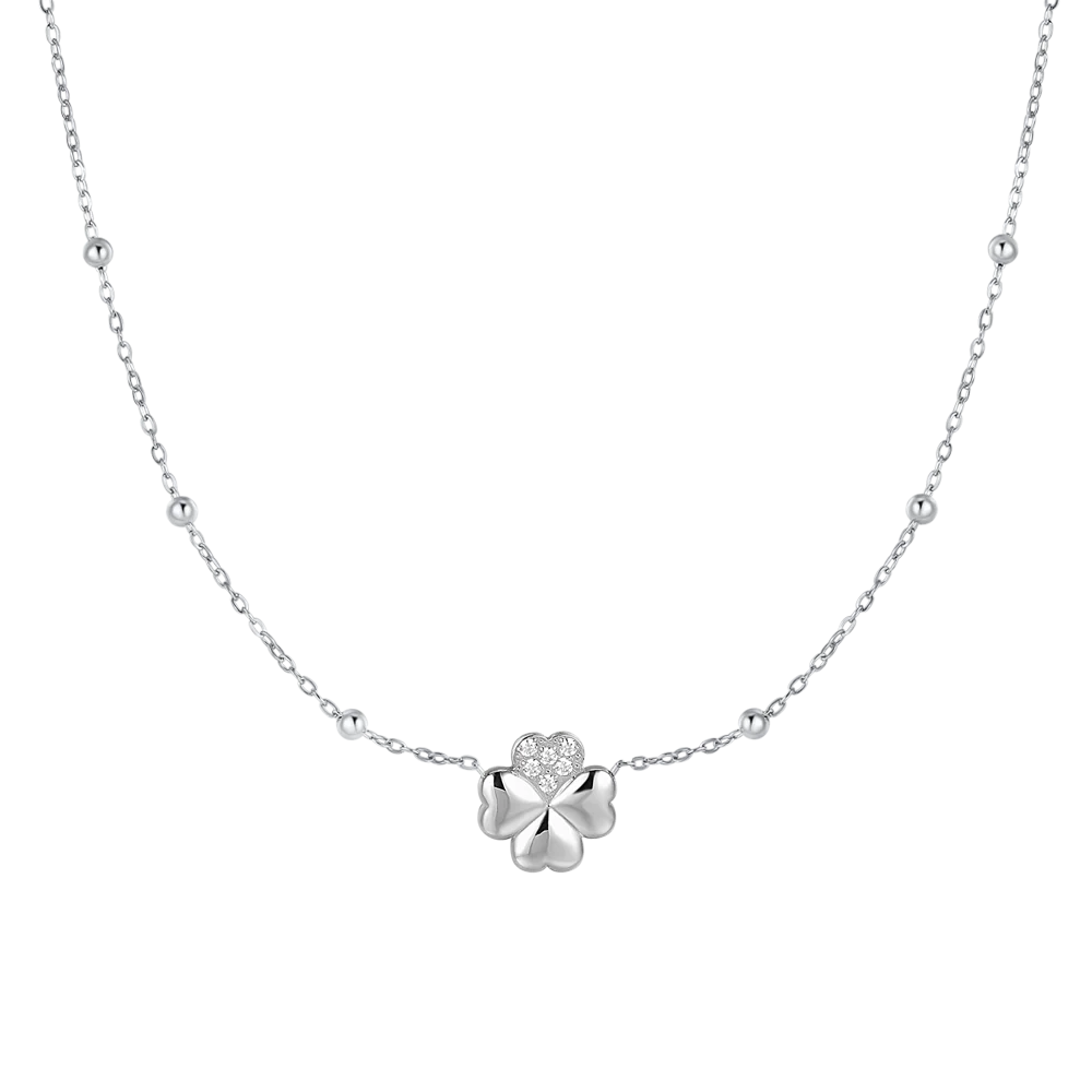 Collana donna in acciaio con quadrifoglio e punti luce in zircone bianco - Luca Barra