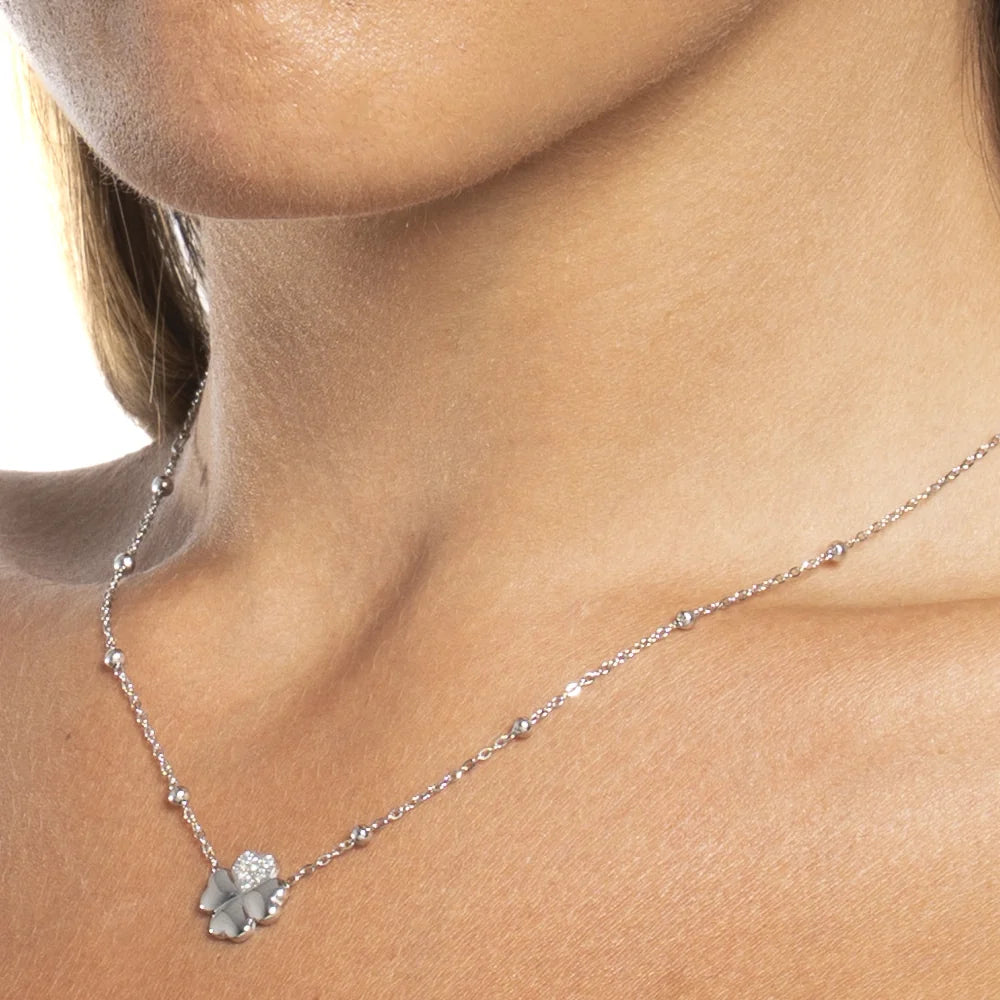 Collana donna in acciaio con quadrifoglio e punti luce in zircone bianco - Luca Barra