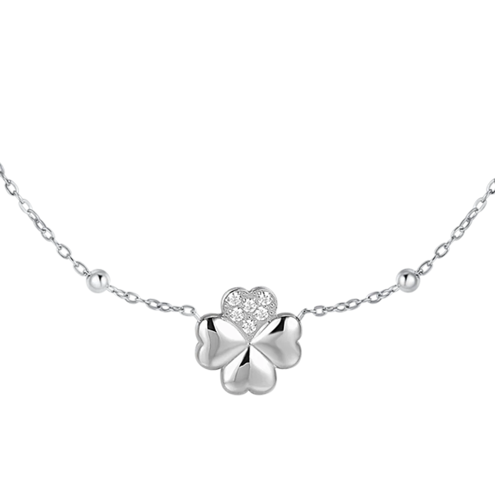 Collana donna in acciaio con quadrifoglio e punti luce in zircone bianco - Luca Barra