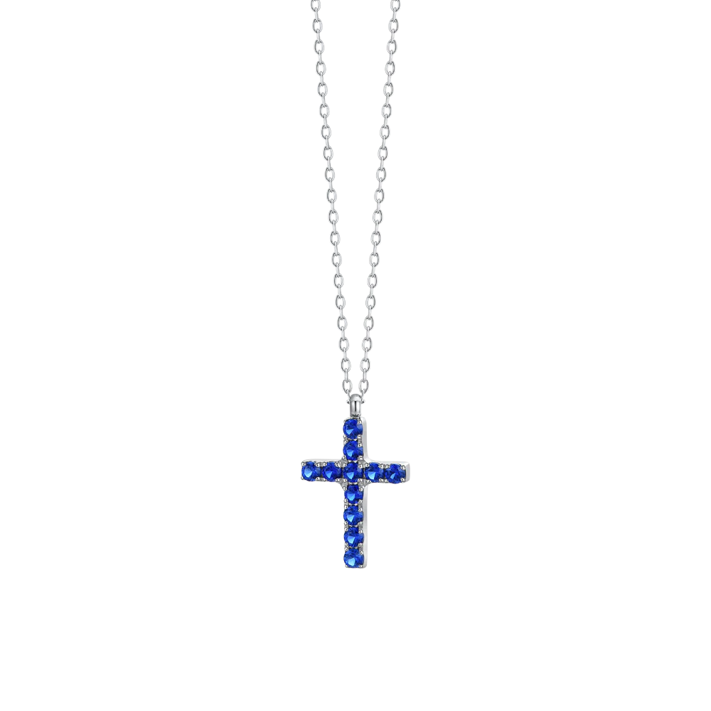 Collana donna in acciaio con croce e zirconi blu - Luca Barra