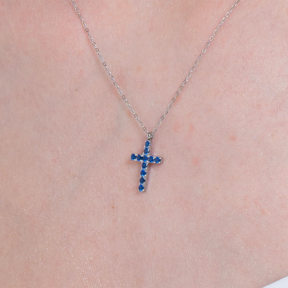 Collana donna in acciaio con croce e zirconi blu - Luca Barra