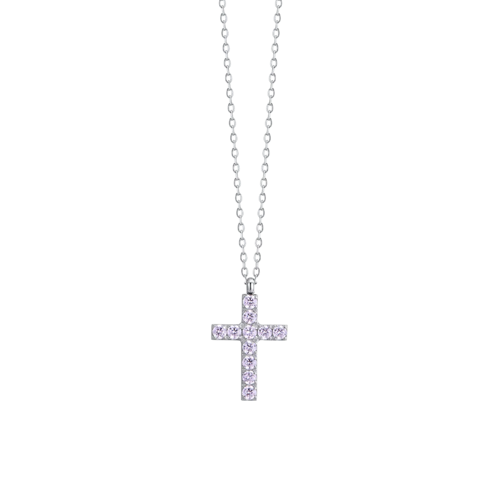 Collana donna in acciaio con croce e zirconi rosa - Luca Barra
