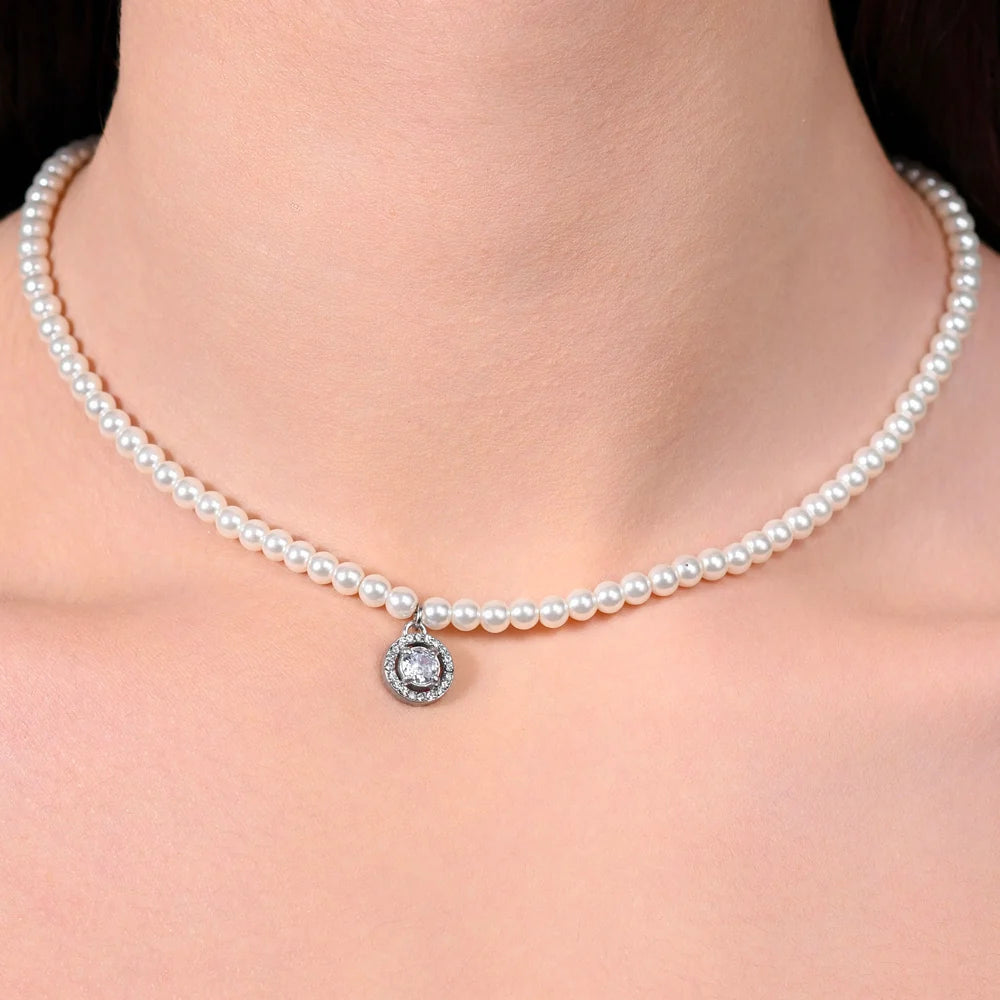 Collana donna in acciaio perle sintetiche e zircone bianco - Luca Barra