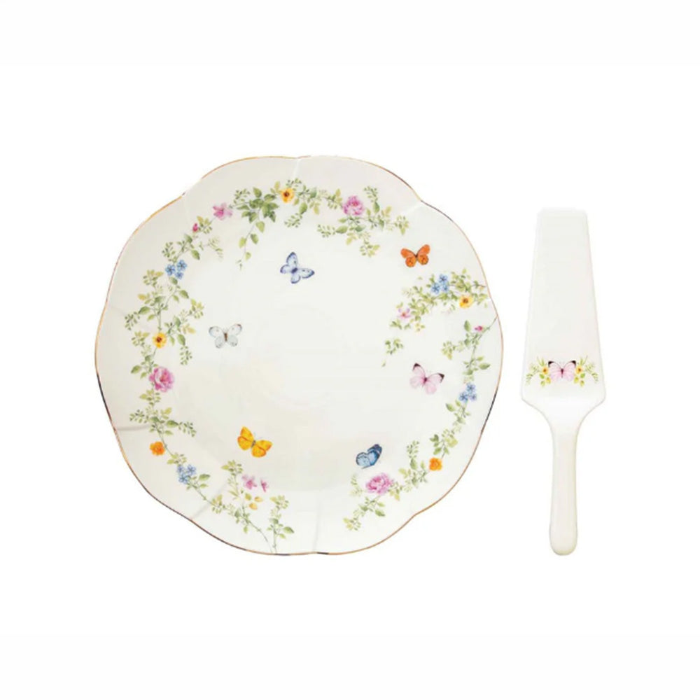 Piatto torta Ø 32 cm con paletta in porcellana in color box - Dancing Butterflies - Easy Life