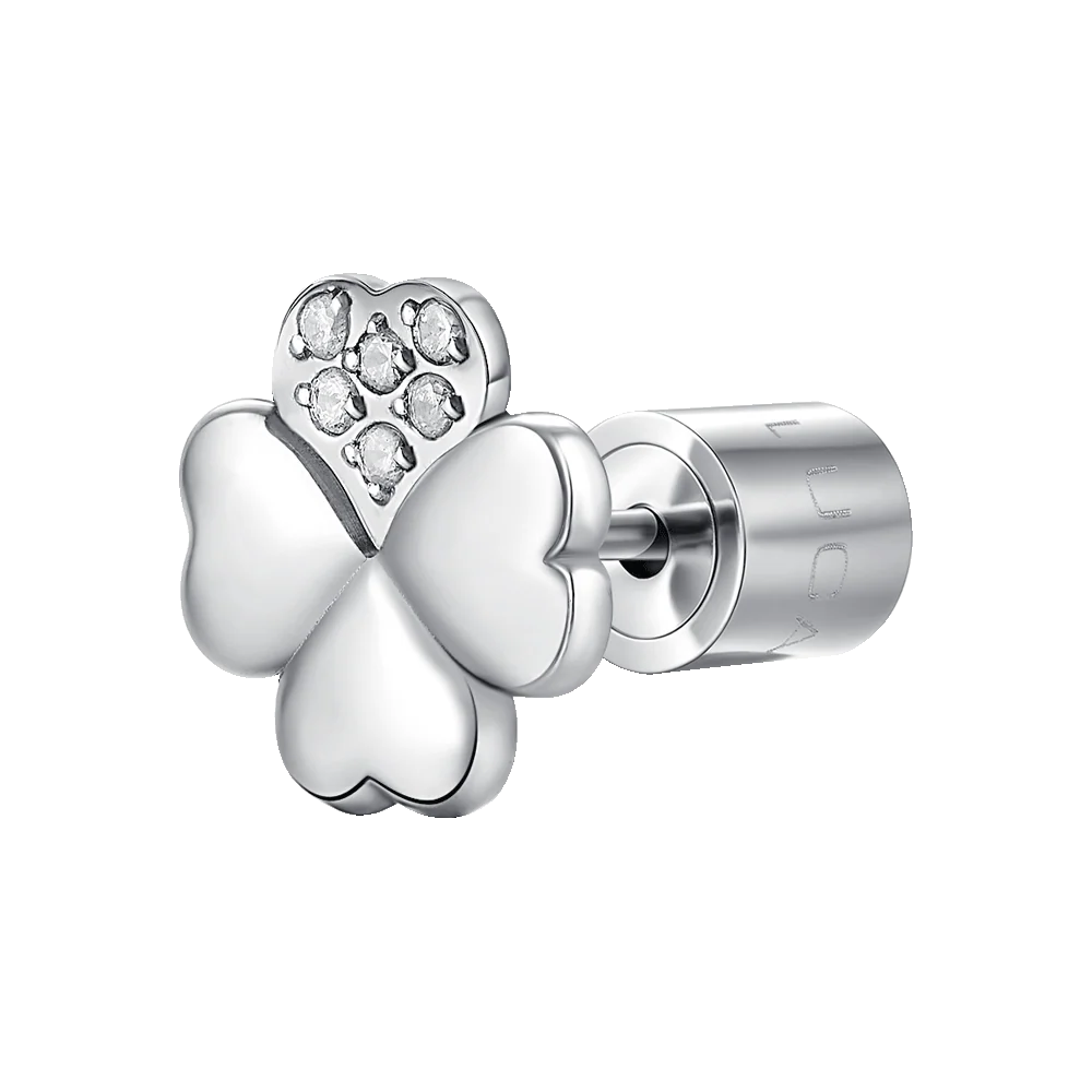 Mono orecchino donna in acciaio con quadrifoglio con petalo con punti luce zircone bianco - Luca Barra
