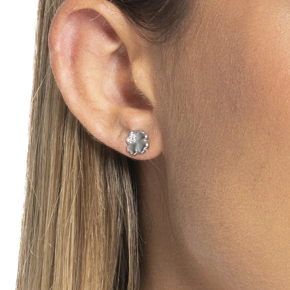 Mono orecchino donna in acciaio con quadrifoglio con petalo con punti luce zircone bianco - Luca Barra