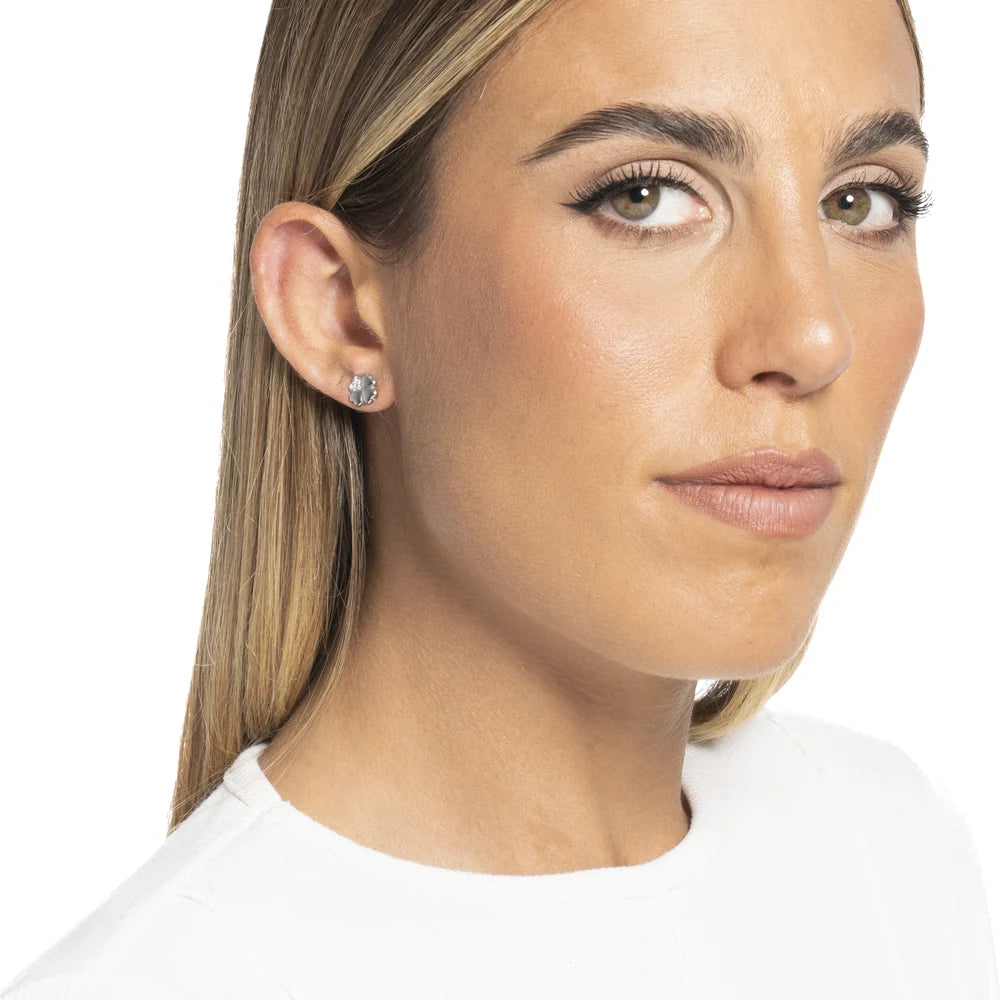 Mono orecchino donna in acciaio con quadrifoglio con petalo con punti luce zircone bianco - Luca Barra