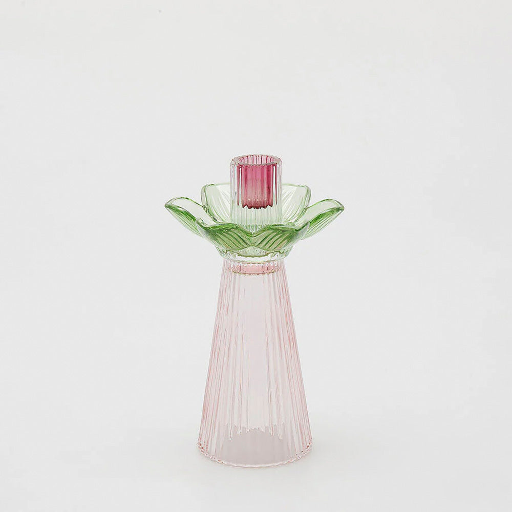 Portacandela Flower in Vetro H 21 Cm D 12 Cm Verde Rosa - EDG