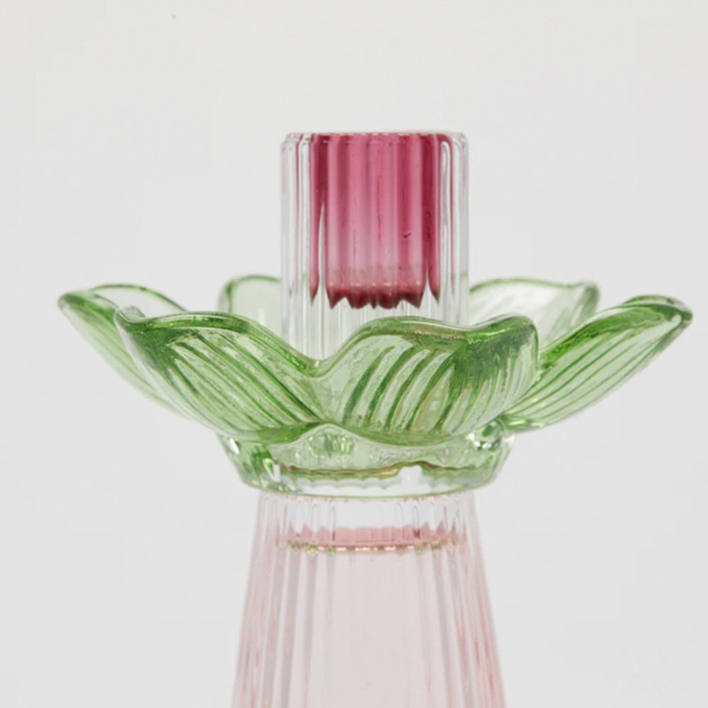Portacandela Flower in Vetro H 21 Cm D 12 Cm Verde Rosa - EDG