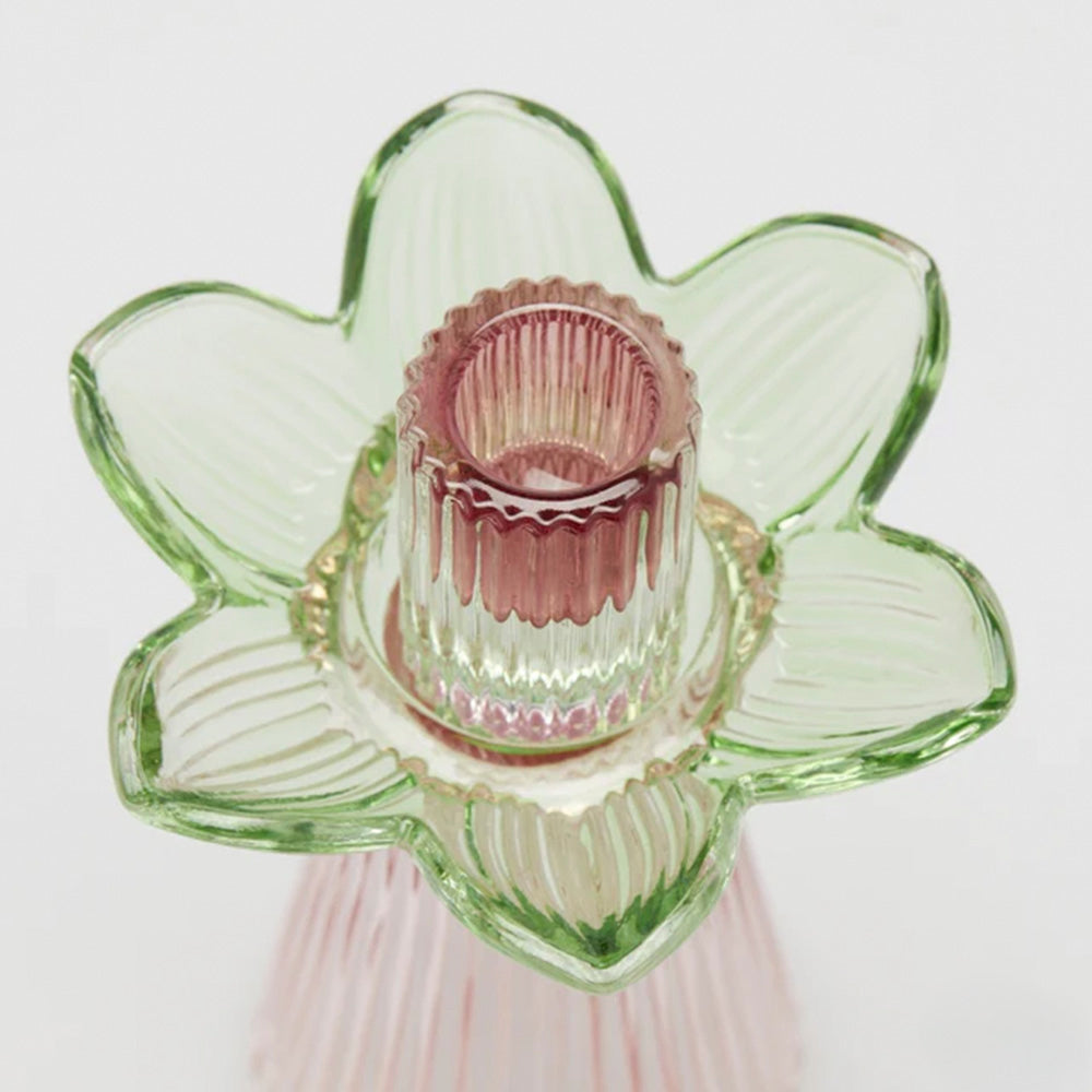 Portacandela Flower in Vetro H 21 Cm D 12 Cm Verde Rosa - EDG