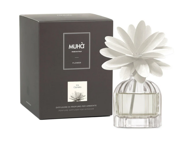 MUHA' | Profumatore per ambienti Flower Diffuser, Fragranza Iris Cipriato, Diffusore Ambiente con Fiore in Legno di Betulla, Formati vari