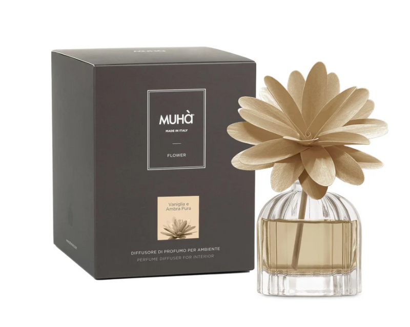 MUHA' | Profumatore per ambienti Flower Diffuser, Fragranza Vaniglia e Ambra Pura, Diffusore Ambiente con Fiore in Legno di Betulla in vari formati