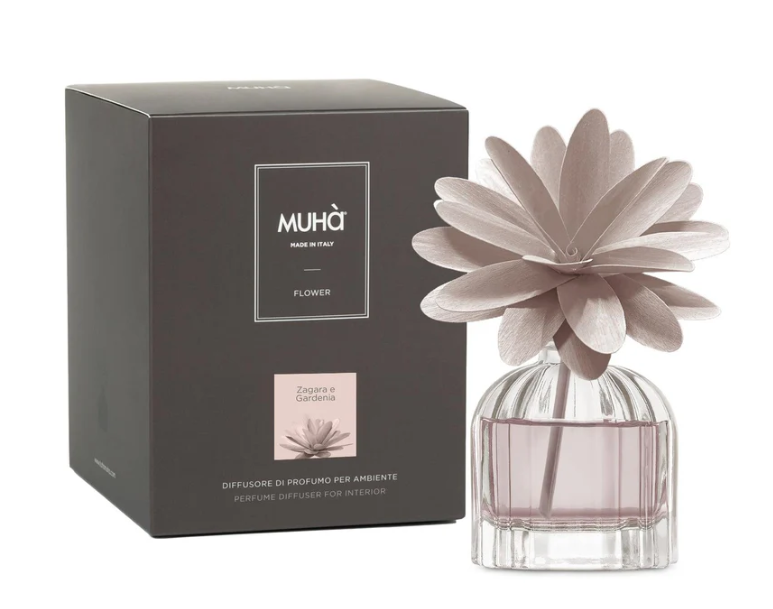 MUHA' | Profumatore per ambienti Flower Diffuser, Fragranza Zagaria e Gardenia, Diffusore Ambiente con Fiore in Legno di Betulla in vari formati