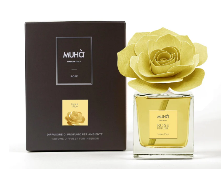 Profumatore per ambienti Rosa Diffuser, Fragranza Uva e Fico, Diffusore Ambiente con Fiore in Legno di Betulla in vari formati Muha